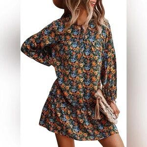 Chic Floral Long Sleeve Dress in Orange and Blue
